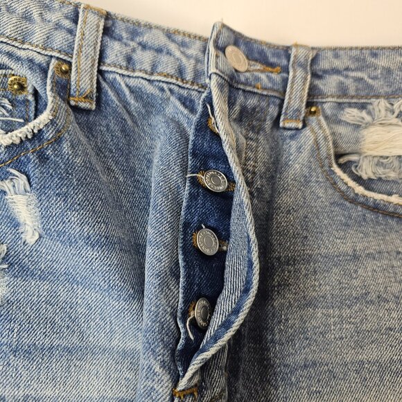 Signature 8 Blue Denim Shorts Women Distressed High Rise Button Down Size M - Picture 3 of 14
